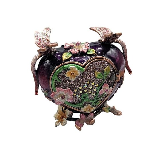 Heart Trinket Box Purple Enamel Pave Rhinestone Acccent Flowers Dragonflies - Picture 2 of 16
